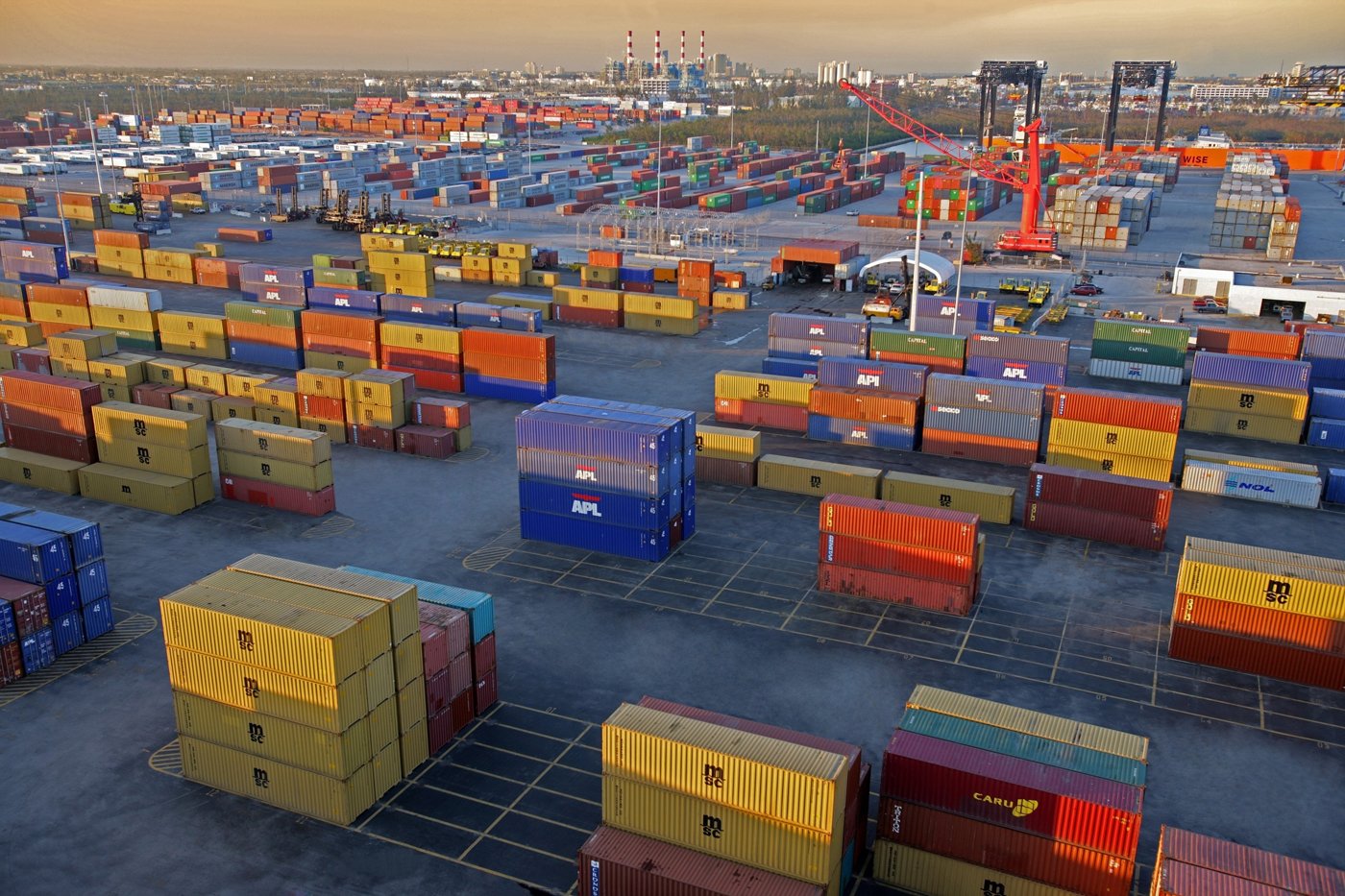 Aerial view of a shipping container yard.